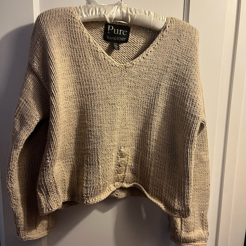 Pure Hand knit Women's Beige V-Neck Sweater